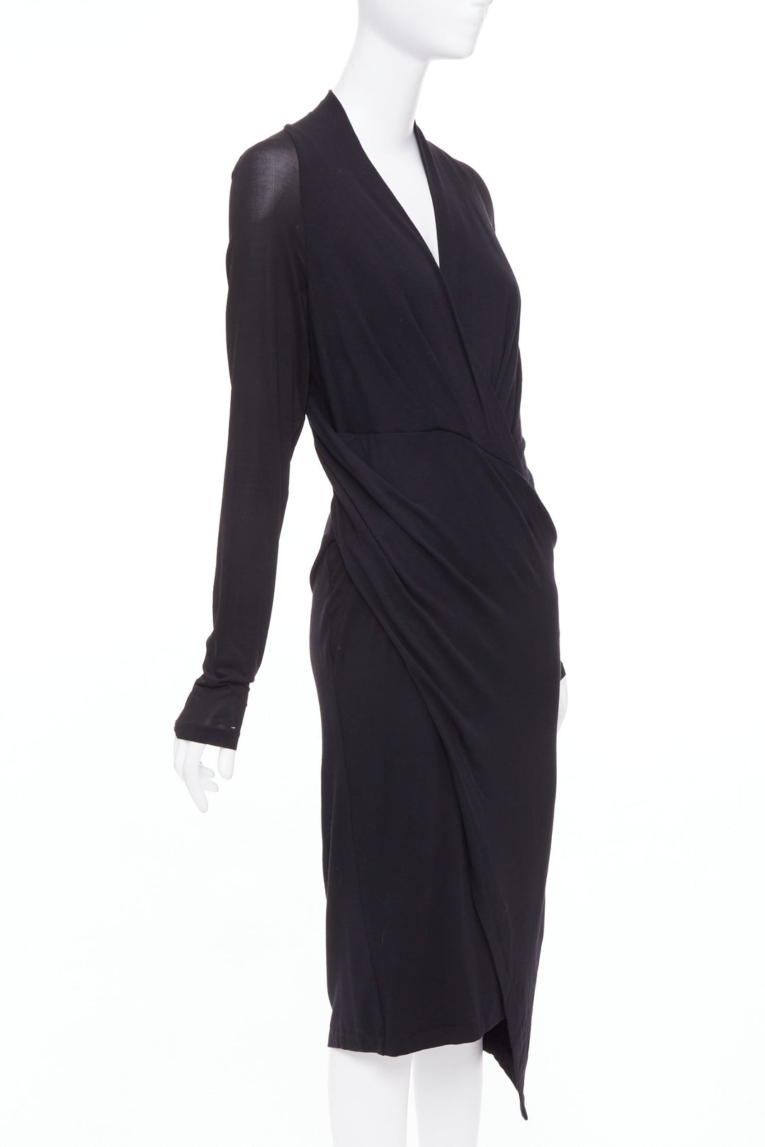 DONNA KARAN black jersey sheer mesh raglan drape plunge high low dress L