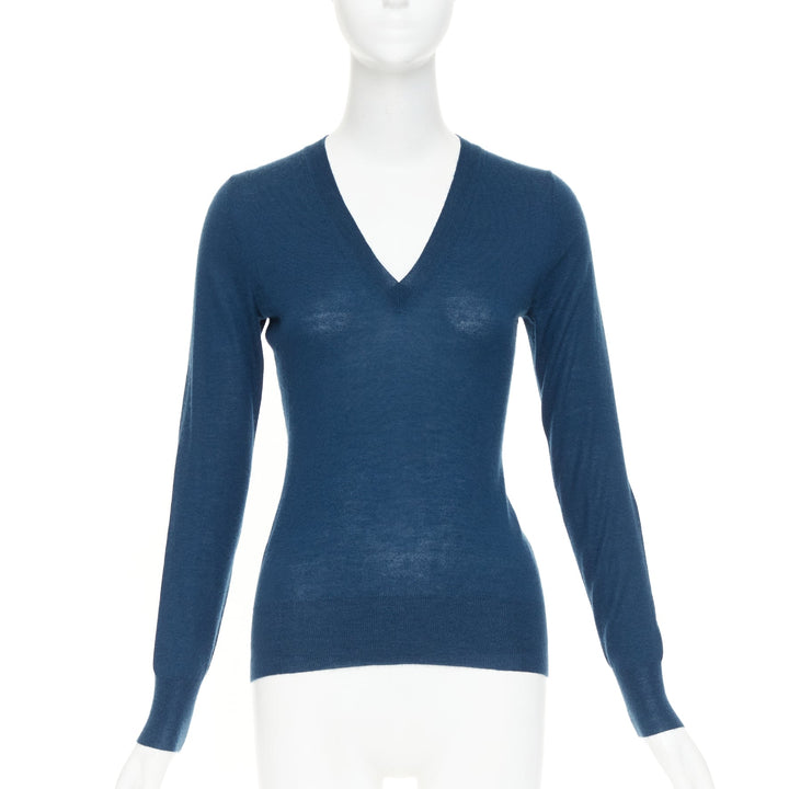 ALEXANDER MCQUEEN dark teal blue wool knit V-neck long sleeve  sweater XS