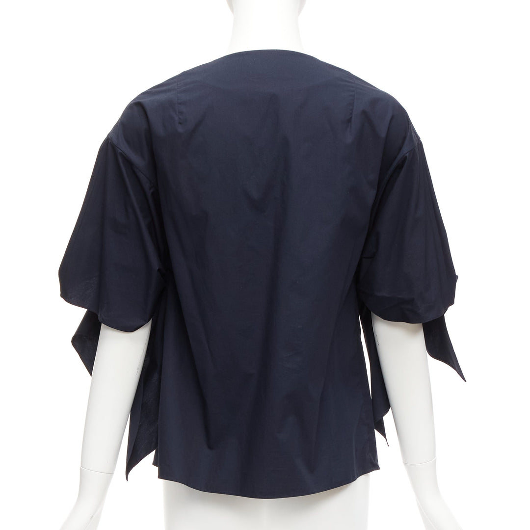 DELPOZO navy cotton knot tie sleeves V neck relaxed top FR36A S