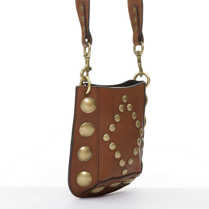 ISABEL MARANT Nasko brown leather gold round studs crossbody hobo bag