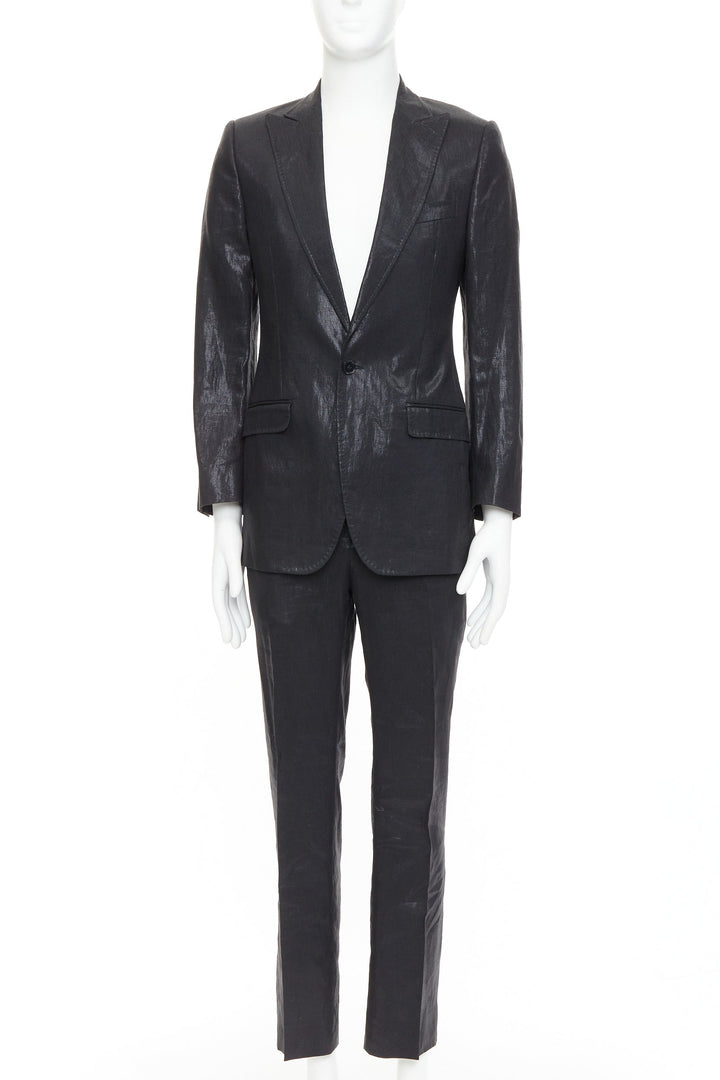 DOLCE GABBANA black linen metallic coated half canvas flap pocket suit IT44 XS