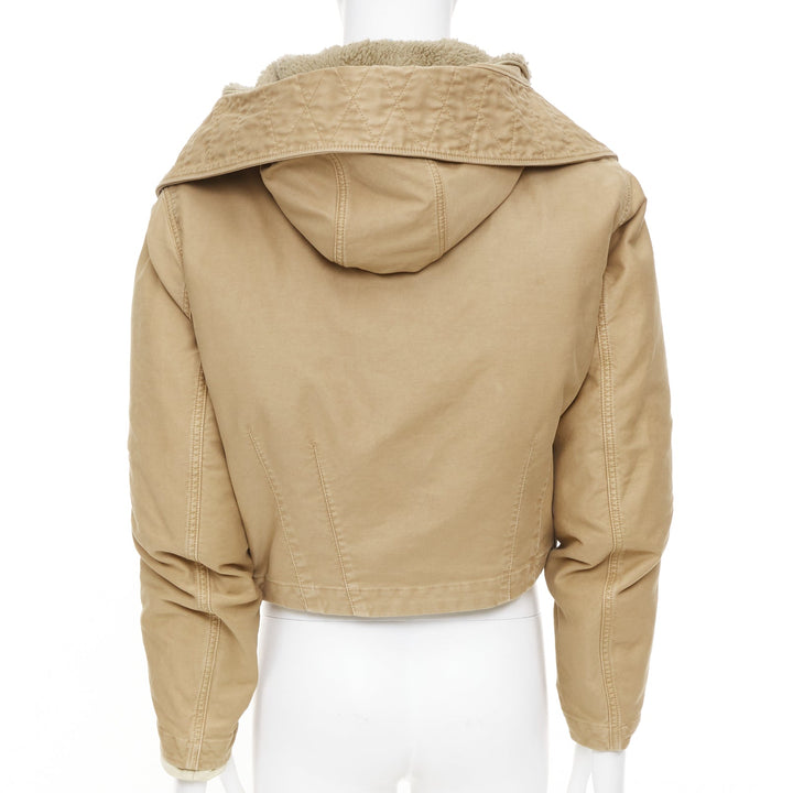 PRADA 2023 Runway shearling trim canvas hooded cropped bomber jacket IT48 M