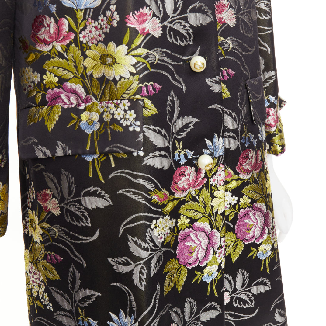 GUCCI 2016 Runway black silk floral jacquard GG pearl evening coat IT38 XS