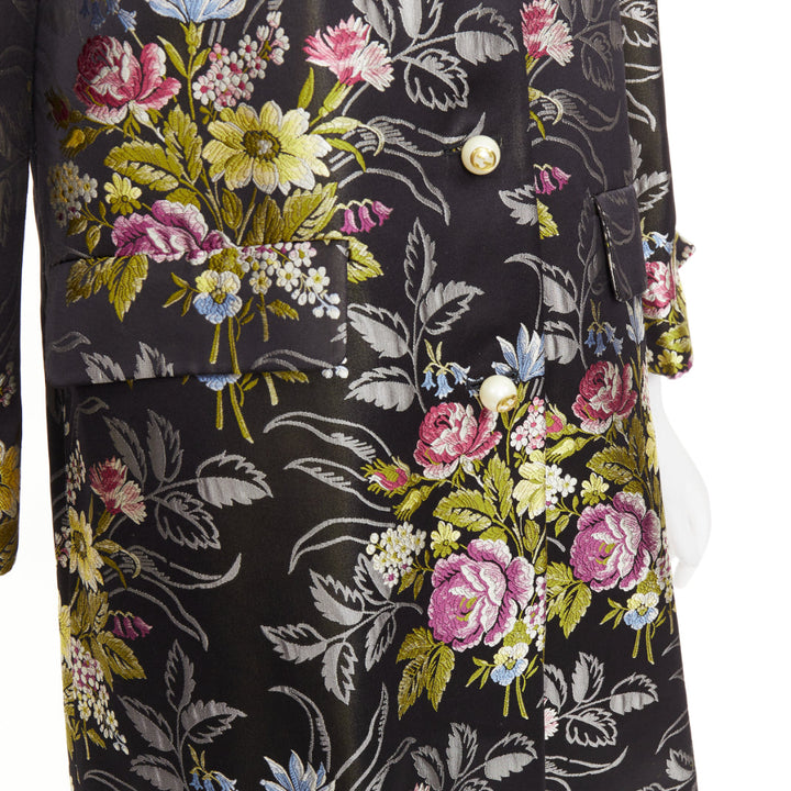 GUCCI 2016 Runway black silk floral jacquard GG pearl evening coat IT38 XS