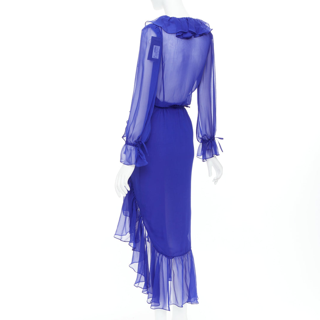 SAINT LAURENT 2020 Runway cobalt blue 100% silk ruffle wrap dress FR42 XL