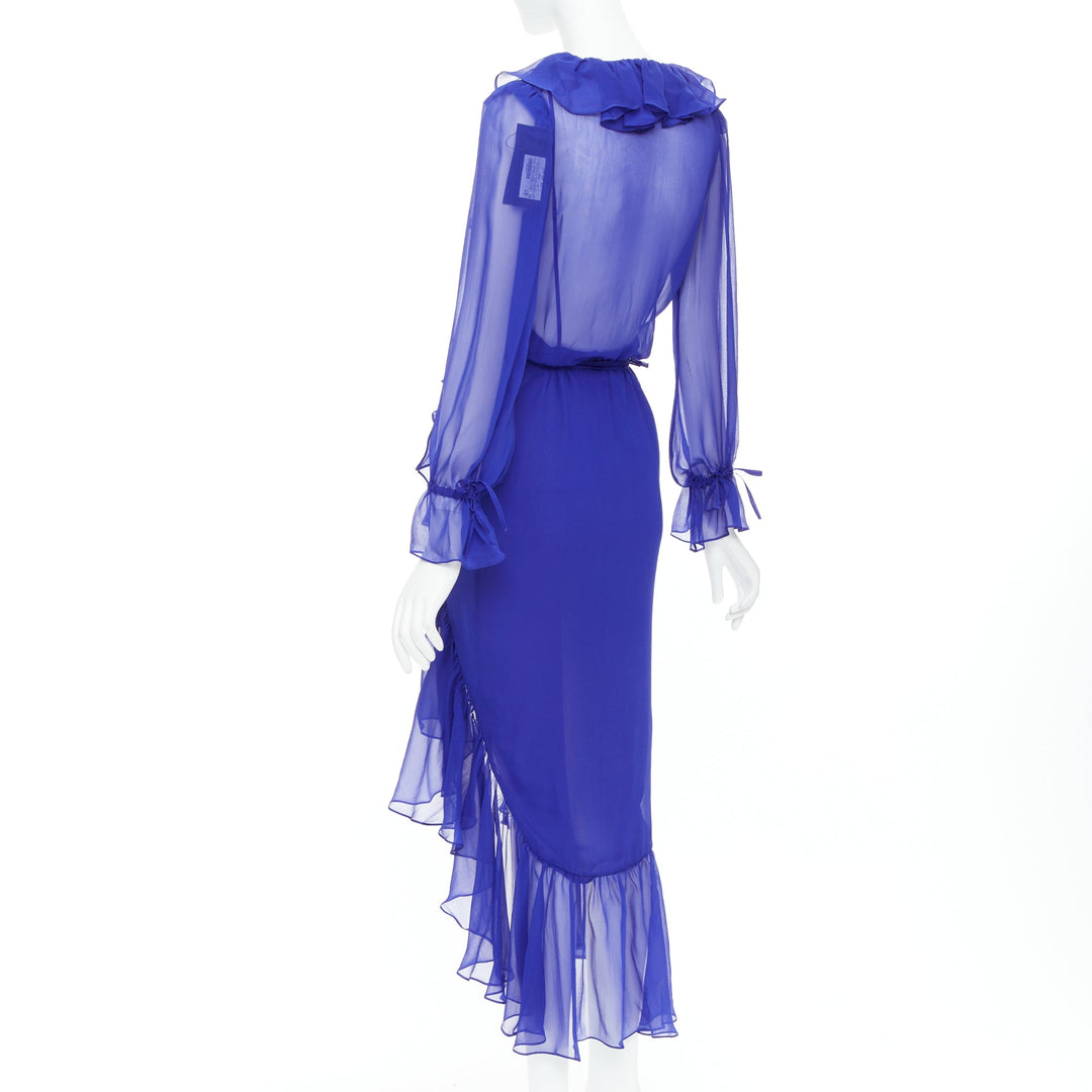 SAINT LAURENT 2020 Runway Majorelle Blue silk ruffle wrap dress FR38 S