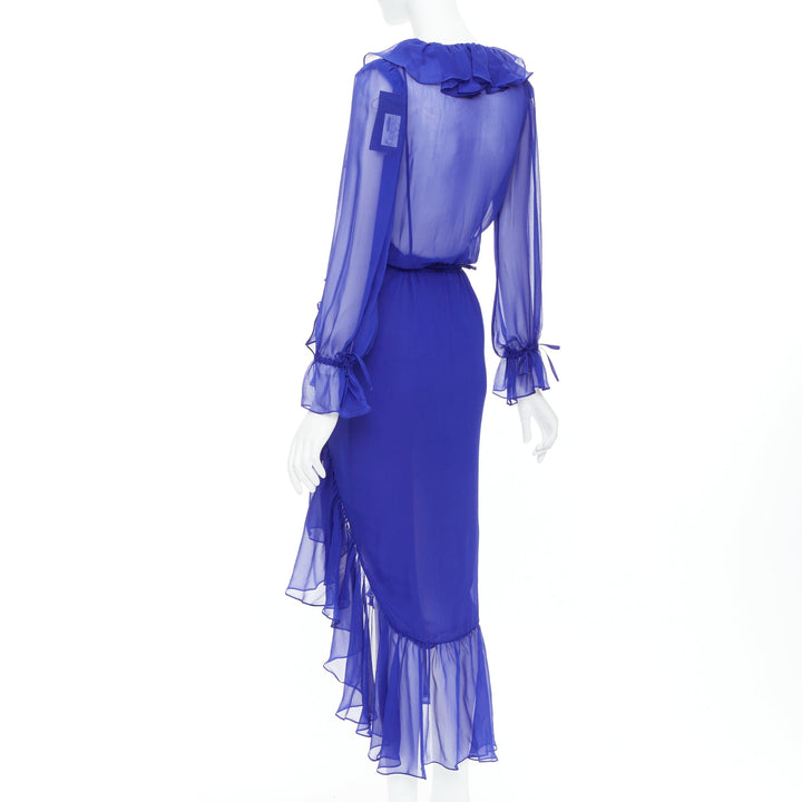 SAINT LAURENT 2020 Runway Majorelle Blue silk ruffle wrap dress FR38 S