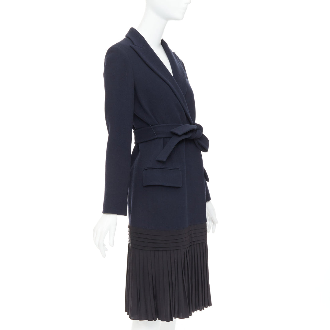 DIOR navy virgin wool silk lined pleated hem belted coat FR36 S