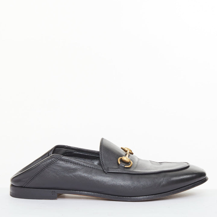 GUCCI 2015 Brixton black leather collapsible heel horsebit loafers EU37.5