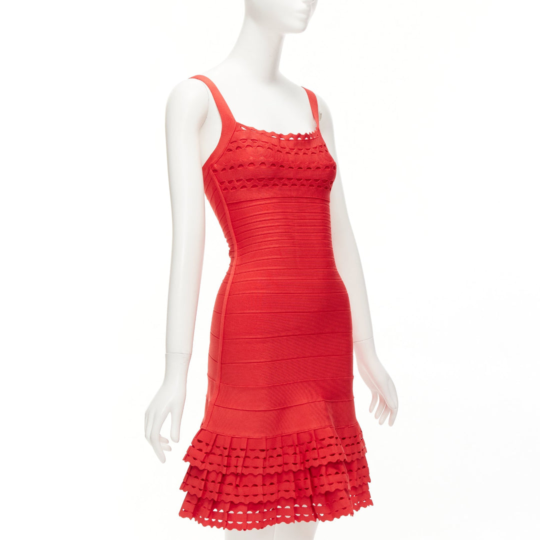 HERVE LEGER red cut out tiered ruffle hem bandage fit flared dress XS