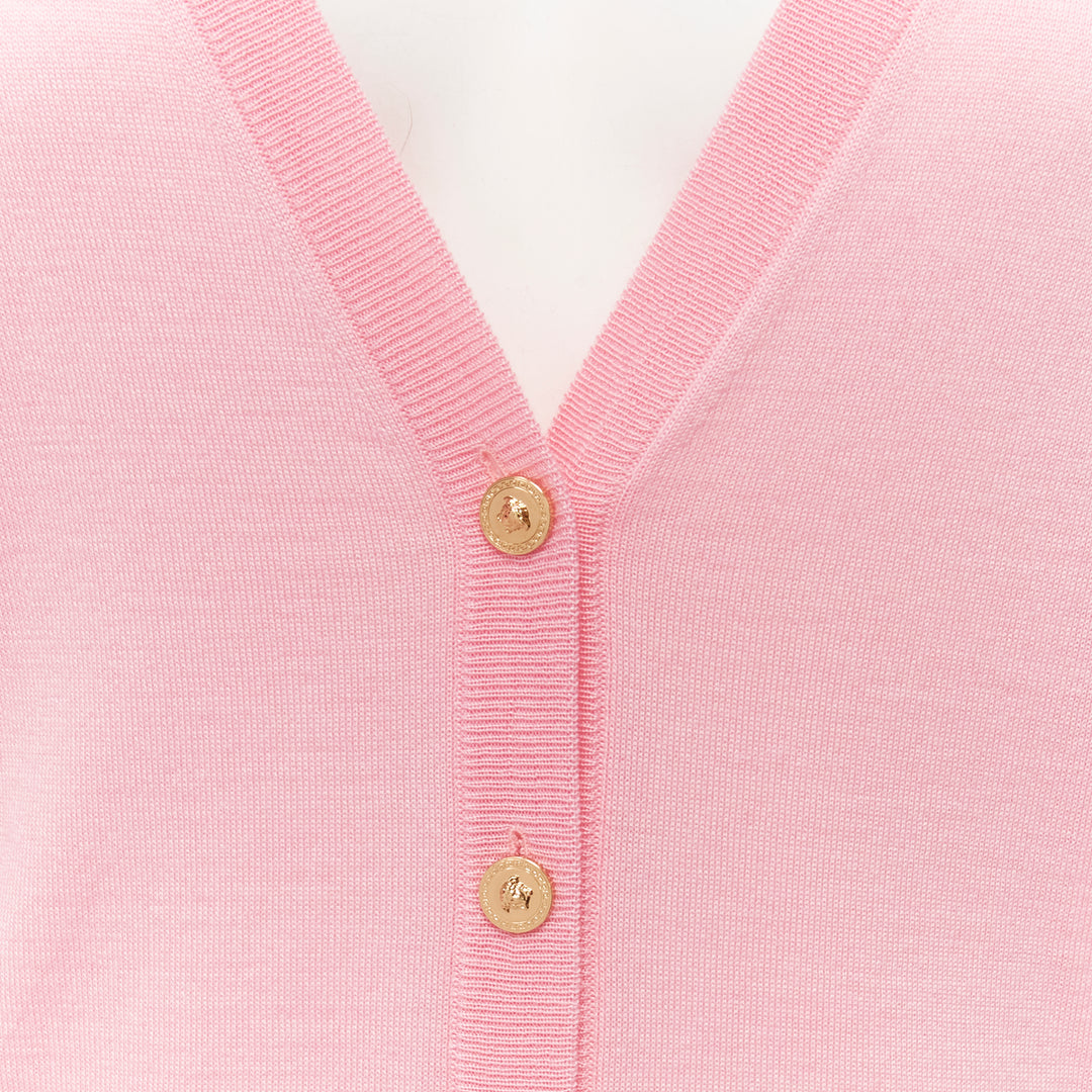 VERSACE 2020 Medusa buttons pink wool cashmere silk cardigan IT44 L