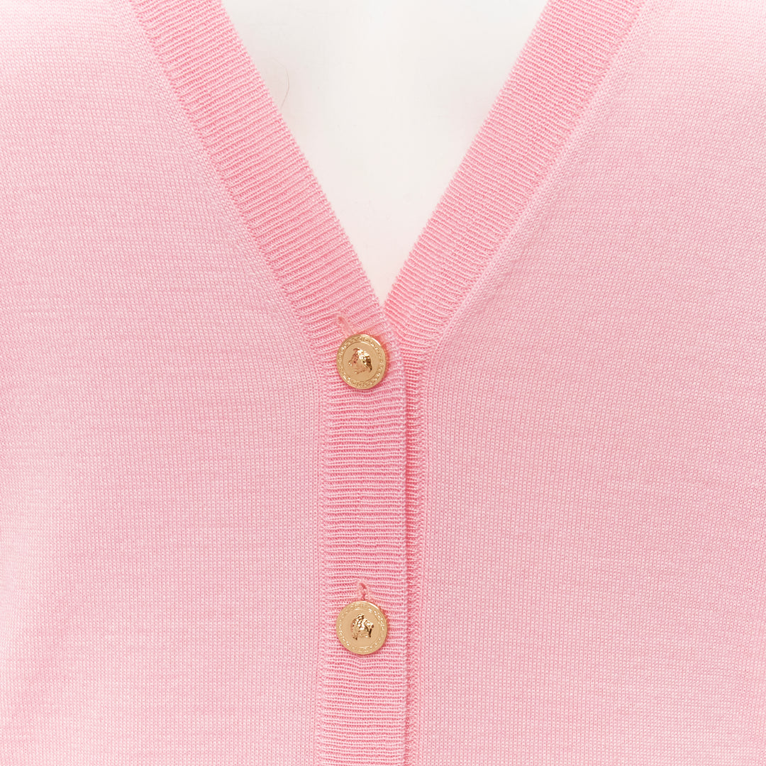 VERSACE 2020 Medusa buttons pink wool cashmere silk cardigan IT42 M