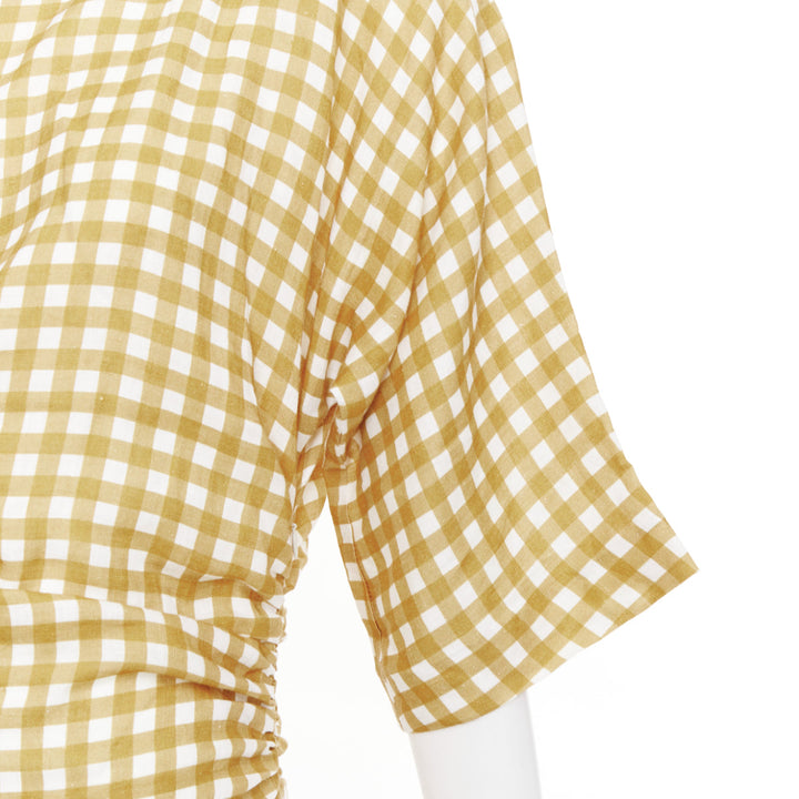 BERNADETTE Nowie brown off white gingham linen asymmetric belted dress IT40 S