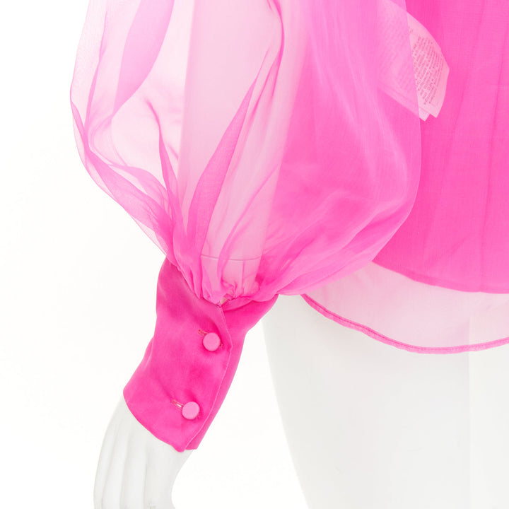 VALENTINO 2022 Runway Pink PP high neck sheer silk organza blouse shirt IT36 XXS