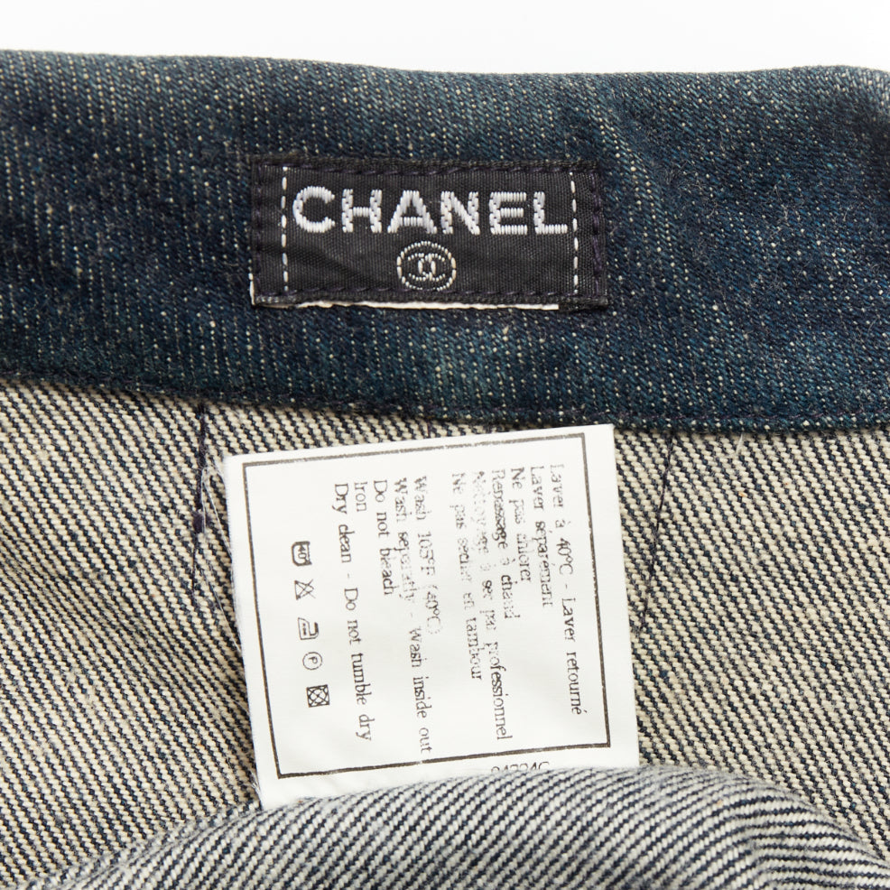 CHANEL 1996 Vintage washed indigo denim logo patch pocket cropped denim jacket