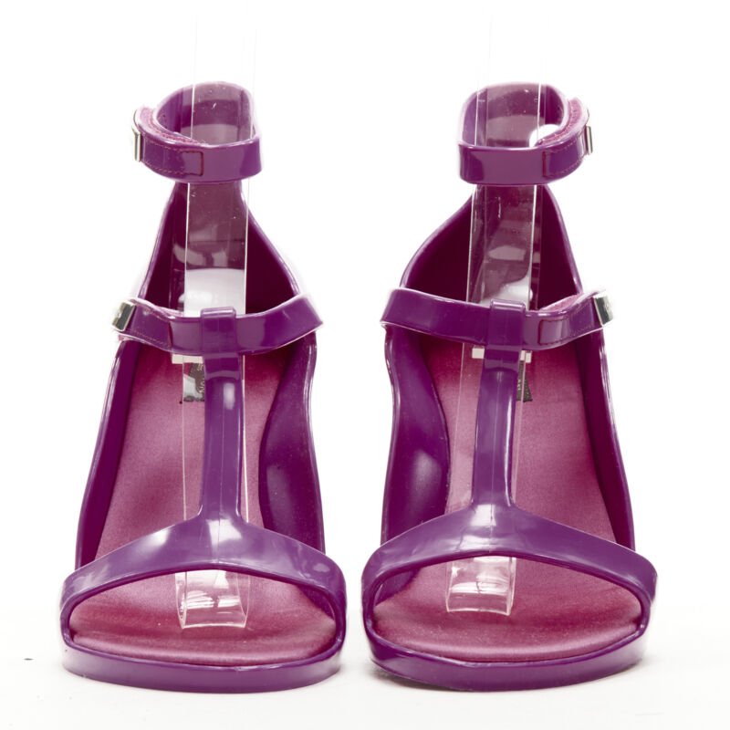 LOUIS VUITTON Y2K purple rubber T-strap logo magic tape wedge sandal EU36