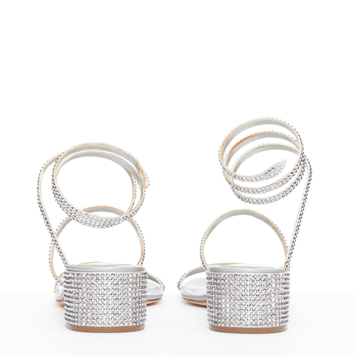 RENE CAOVILLA Cleo 45 silver strass crystal wrap around block heels EU37.5