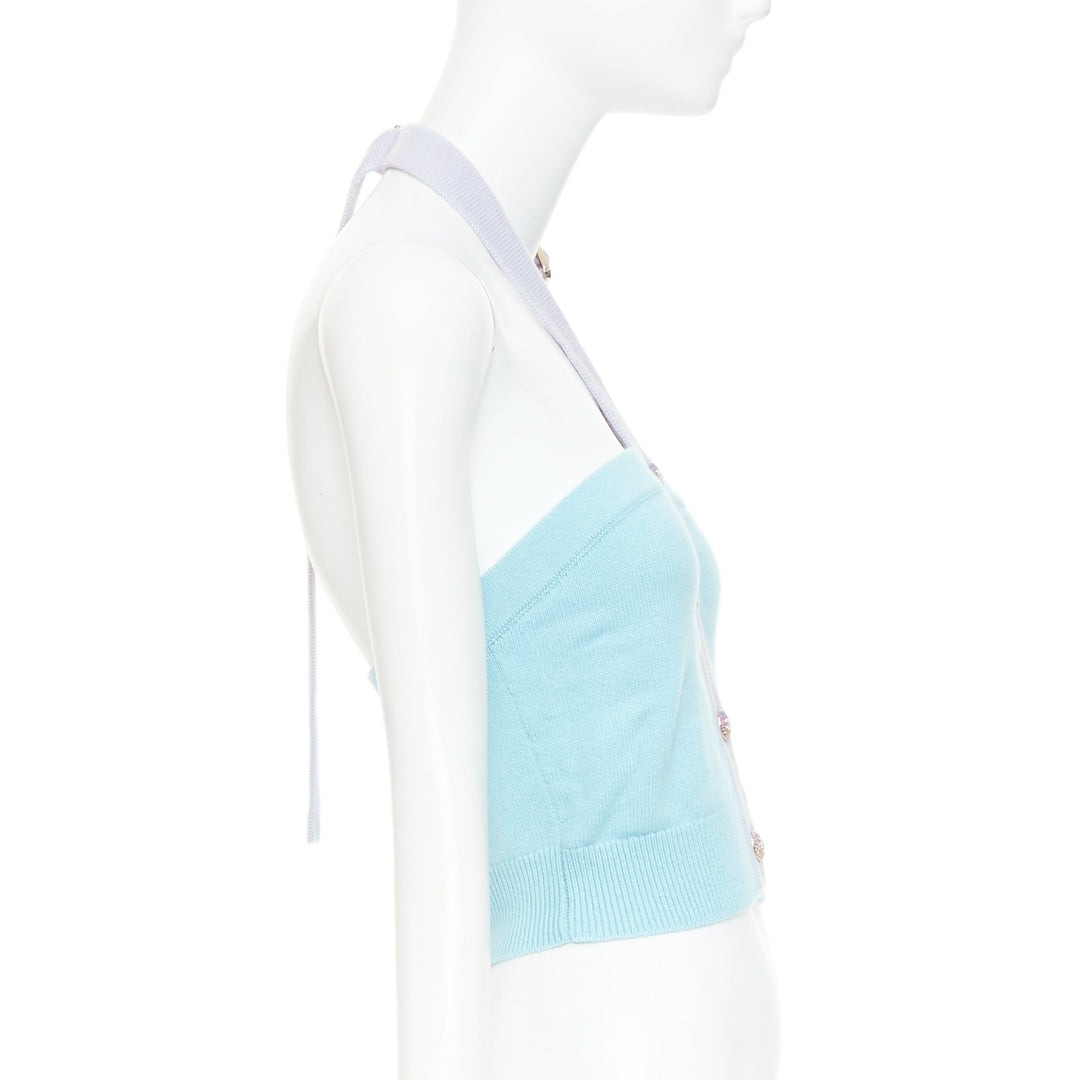 CHANEL 23P Runway blue purple CC buton cashmere buckle halter top FR34 XS