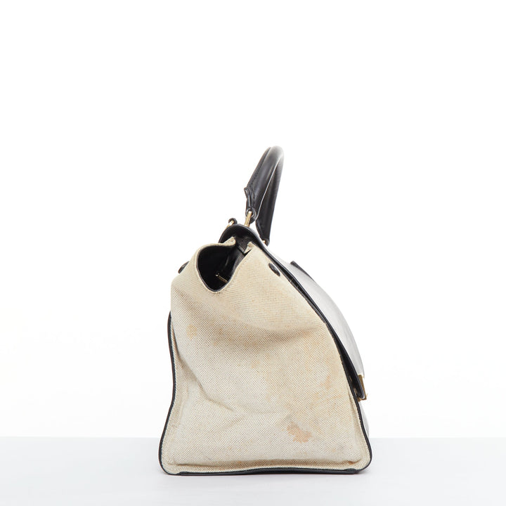 CELINE Trapeze black smooth leather cream canvas crossbody satchel bag