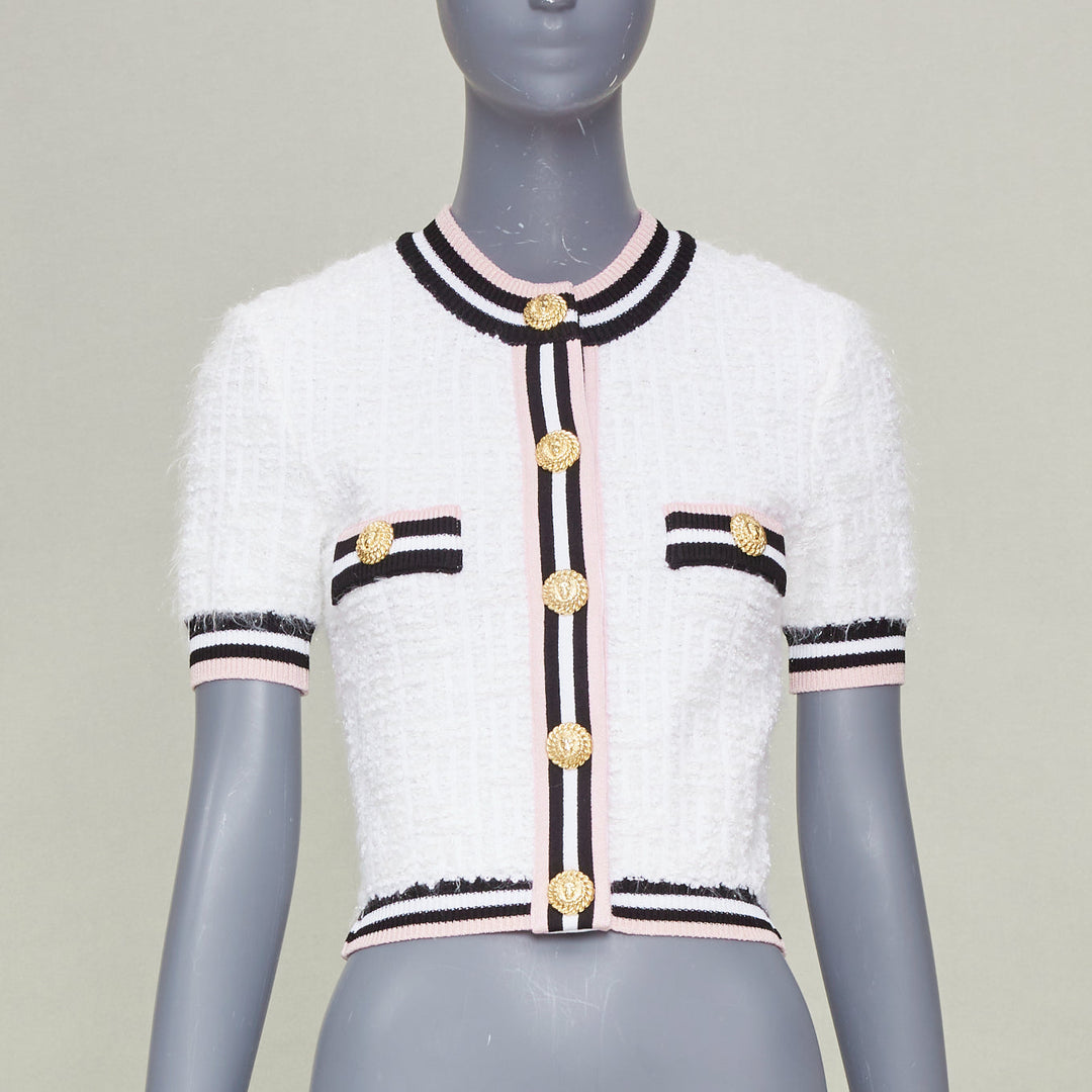 BALMAIN 2024 maze knit striped border short sleeve lion button cardigan FR34 XS