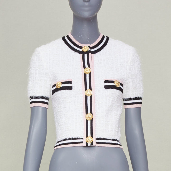 BALMAIN 2024 maze knit striped border short sleeve lion button cardigan FR34 XS