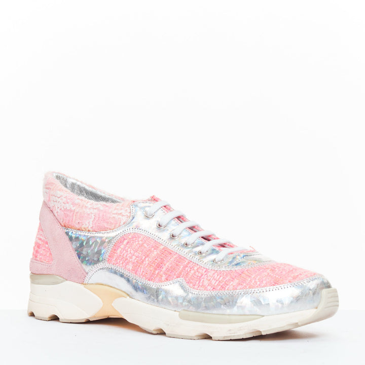 CHANEL 2014 pink tweed silver holographic silver leather sneakers EU38.5