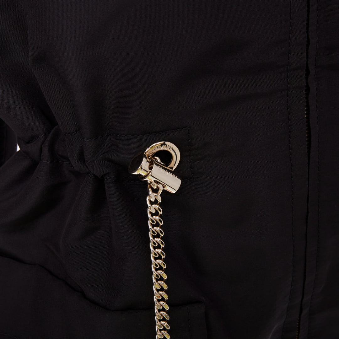 CHANEL 2023 black silk flap pocket gold chain drawstring utility jacket FR34 XS