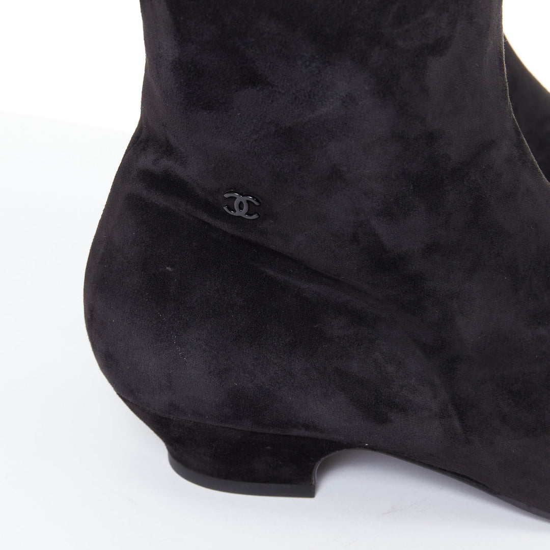 CHANEL 2018 Runway Forest Fairies black suede pointed square toe knee boots EU38