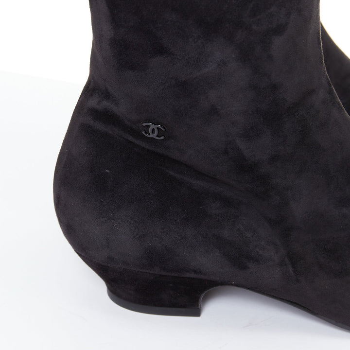 CHANEL 2018 Runway Forest Fairies black suede pointed square toe knee boots EU38