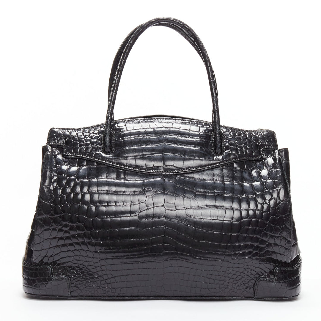KWANPEN black polished scaled leather silver animal buckle executive tote bag