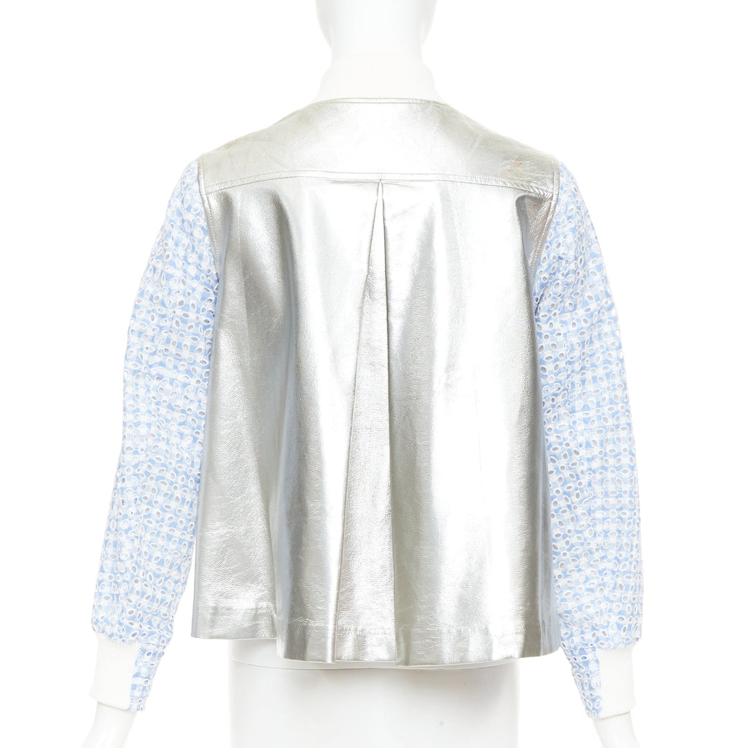 SACAI LUCK blue check embroidery anglais silver flared varsity jacket JP1 S