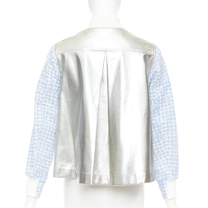 SACAI LUCK blue check embroidery anglais silver flared varsity jacket JP1 S