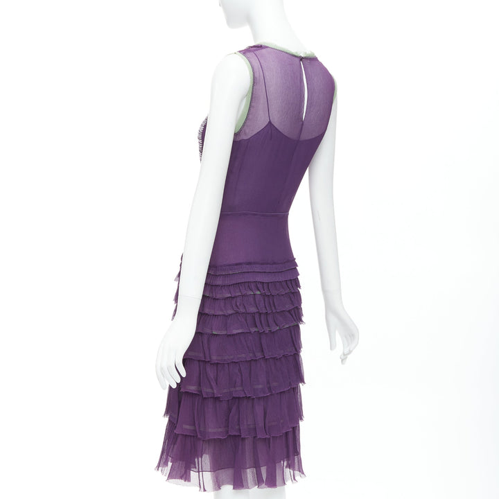 PRADA Vintage 100% silk purple green trim pleated tiered dress IT38 XS