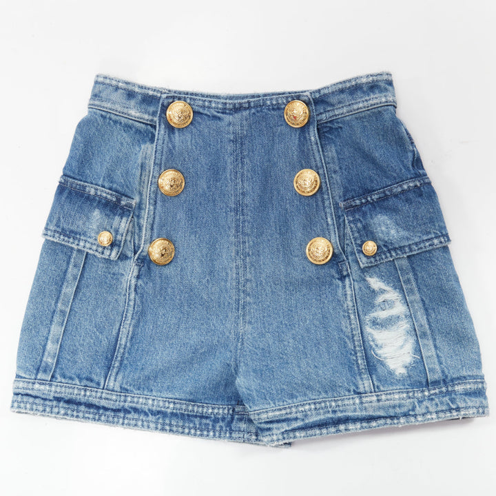 BALMAIN blue distressed denim gold buttons high waisted cargo shorts FR34 XS