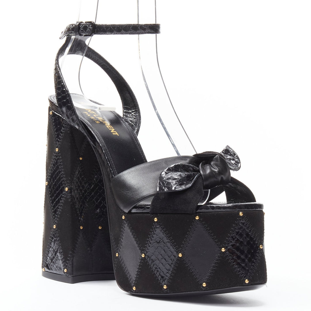 SAINT LAURENT Paige 85 Runway black patchwork stud platform sandals EU37