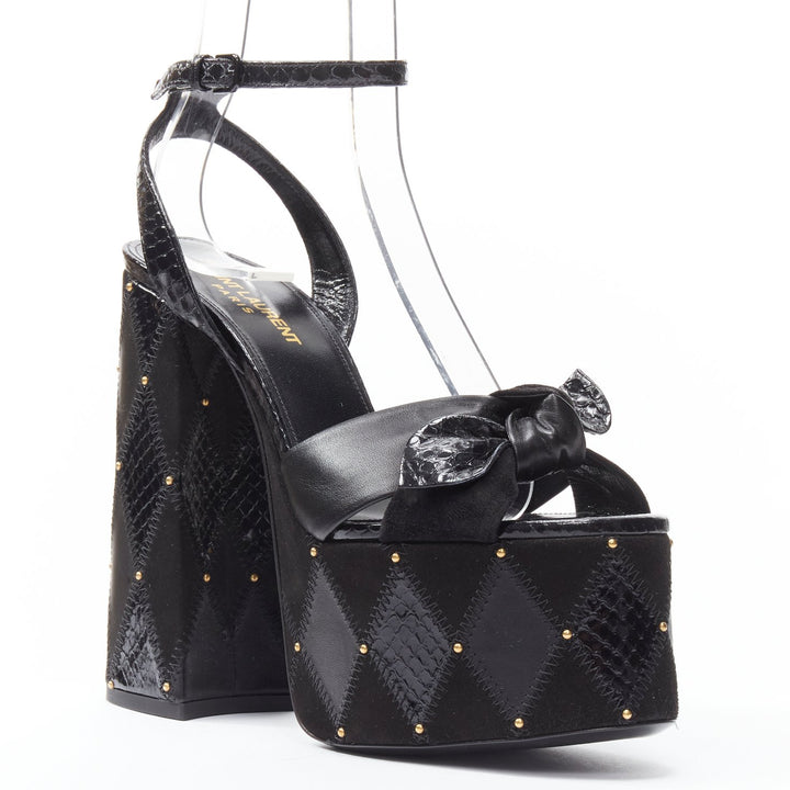 SAINT LAURENT Paige 85 Runway black patchwork stud platform sandals EU37