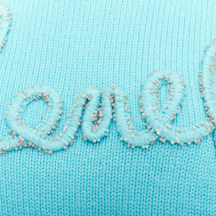 CHANEL 2020 100% cashmere cyan blue CC cursive logo cropped sweater¬† FR36 S