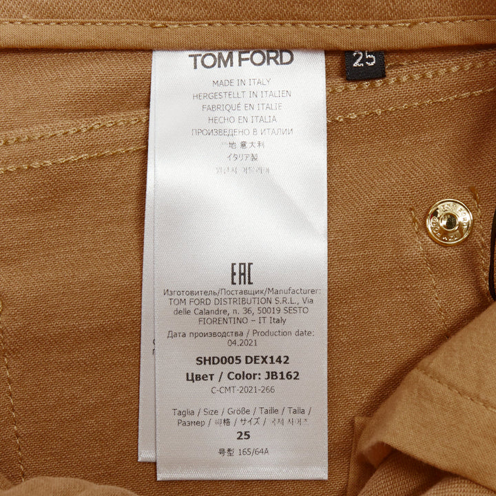 TOM FORD khaki cotton TF logo black blend leather trim mini shorts 25"