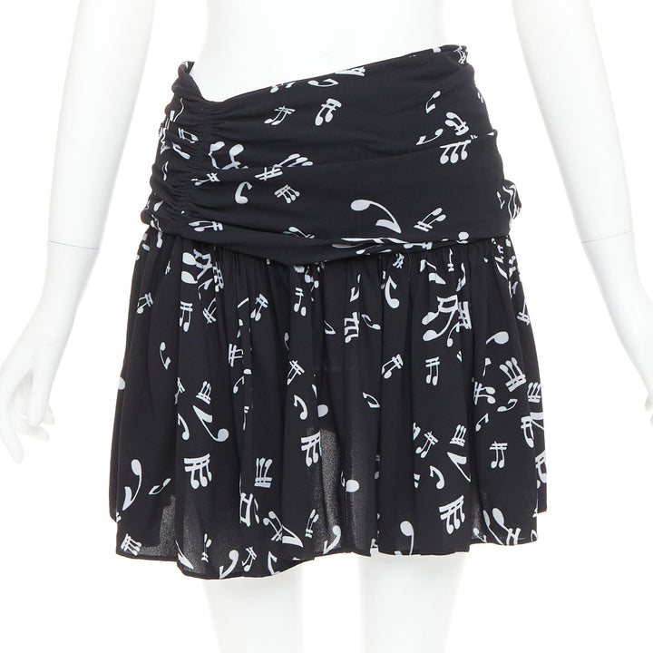 MIU MIU 2013 black white viscose blend musical notes ruched mini skirt IT36 XXS