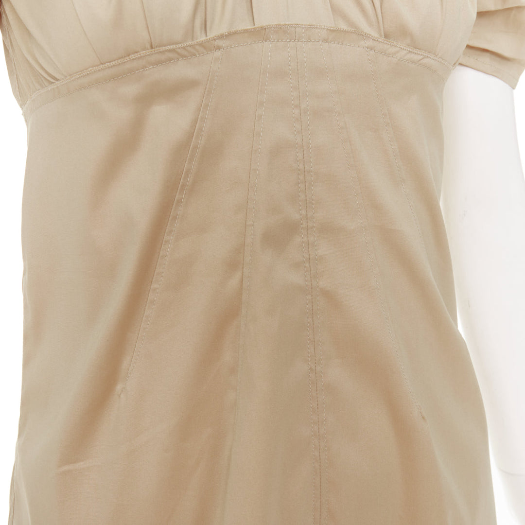 PRADA Vintage khaki cotton ruched bust empire waist bow off shoulder top IT38