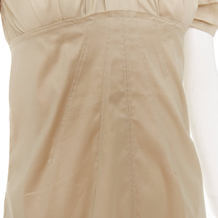 PRADA Vintage khaki cotton ruched bust empire waist bow off shoulder top IT38