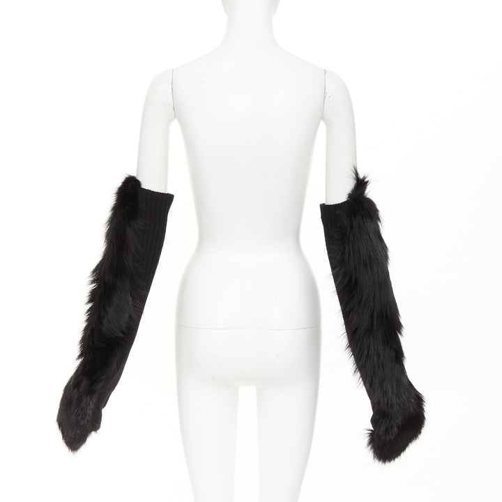 BALENCIAGA black genuine  fur chunky wool ribbed long opera gloves