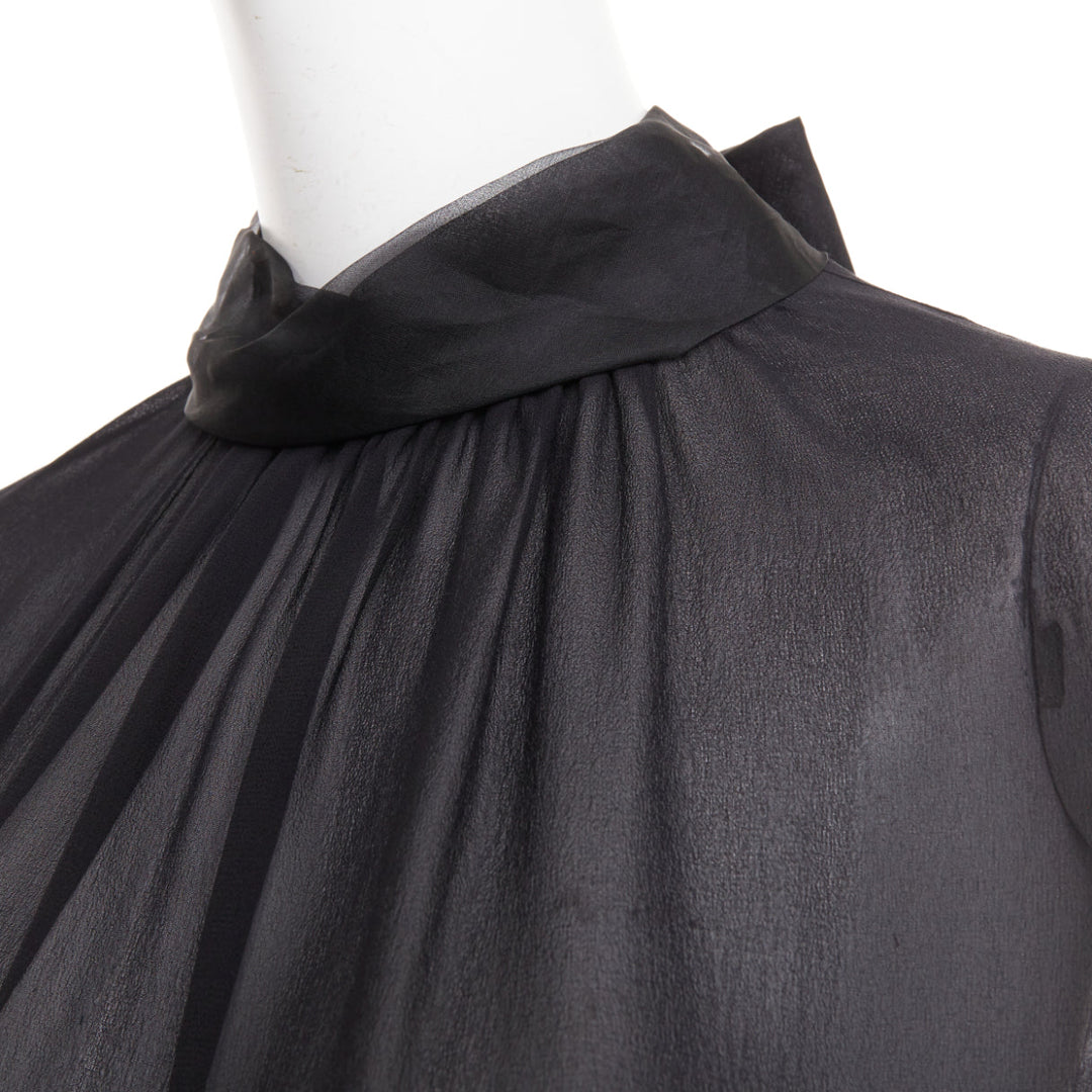 VALENTINO black silk georgette sheer draped high collar ruched blouse top UK6 XS