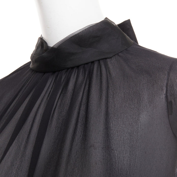 VALENTINO black silk georgette sheer draped high collar ruched blouse top UK6 XS