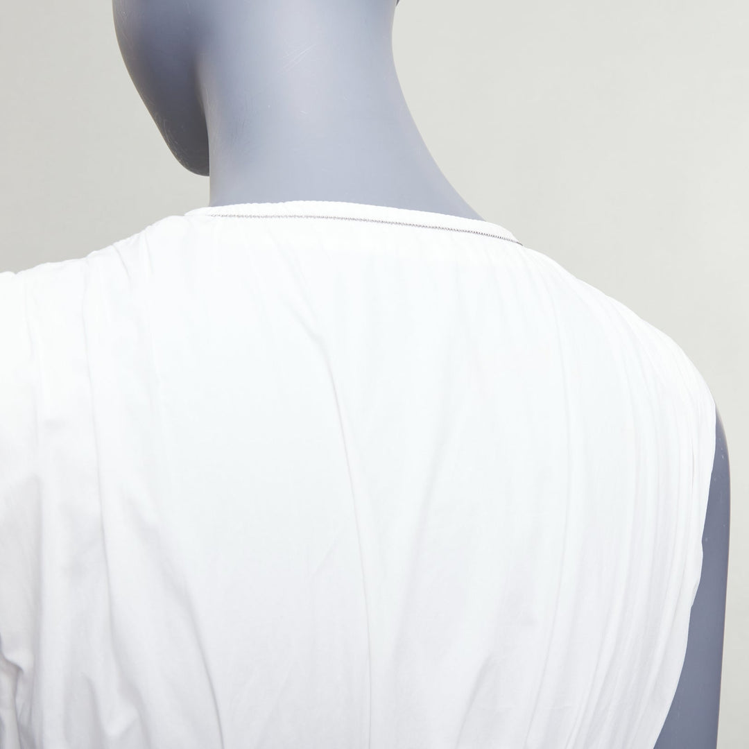 BRUNELLO CUCINELLI white cotton ruched sleeveless plunge maxi dress XS
