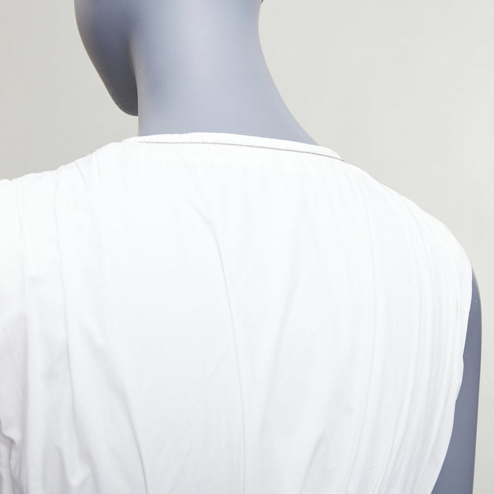 BRUNELLO CUCINELLI white cotton ruched sleeveless plunge maxi dress XS
