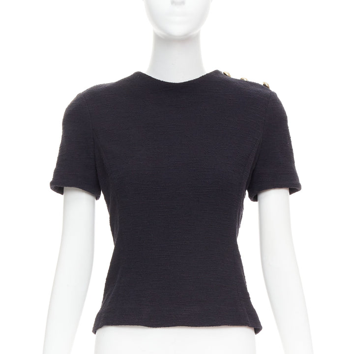 BALMAIN black cotton tweed gold Lionhead button zip back top FR38 M