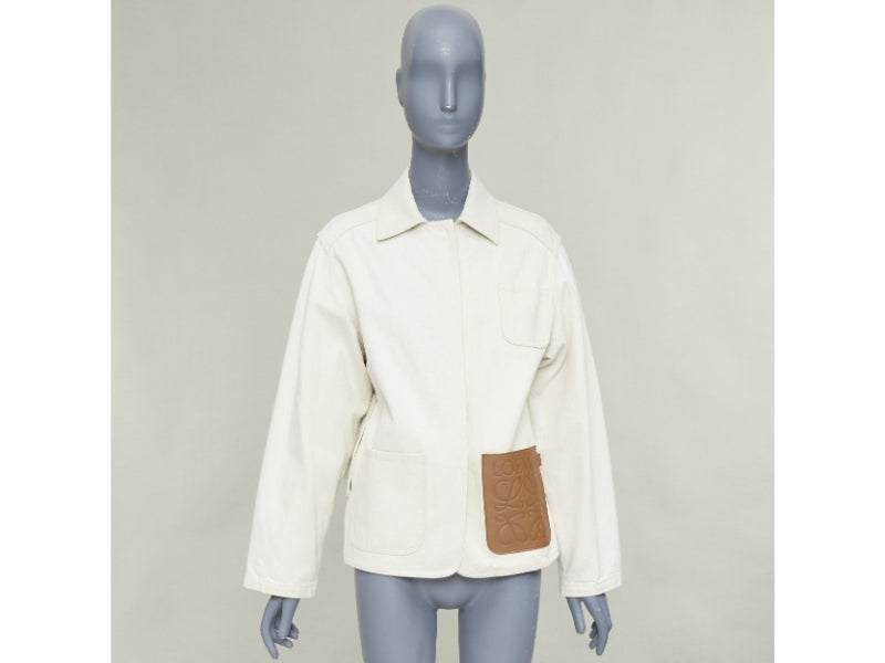 LOEWE JW ANDERSON Anagram brown leather pocket cotton linen work jacket FR34