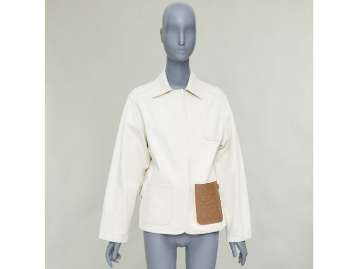 LOEWE JW ANDERSON Anagram brown leather pocket cotton linen work jacket FR34