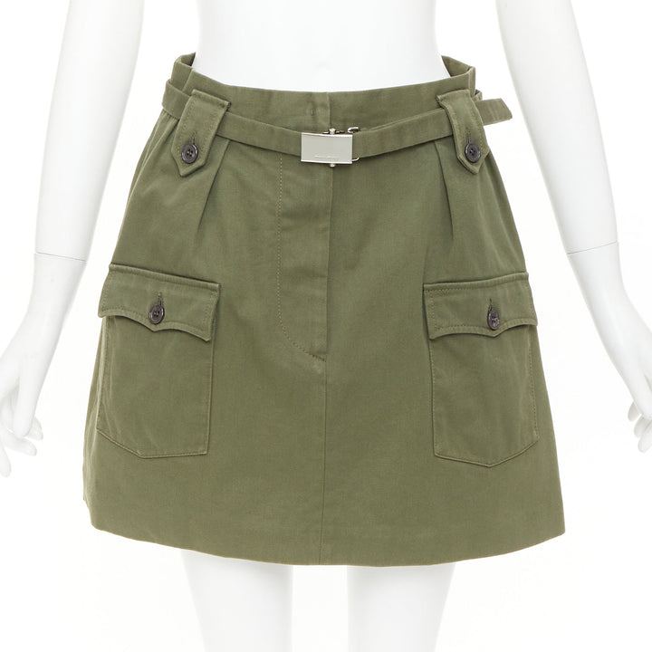 MIU MIU 2019 green cotton gabardine silver logo buckle utility skirt IT38 XS